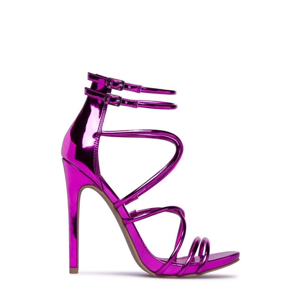 Shoedazzle Aneyda Fuchsia Metallic Strappy Stiletto Sandals Heels Size 8 Pink